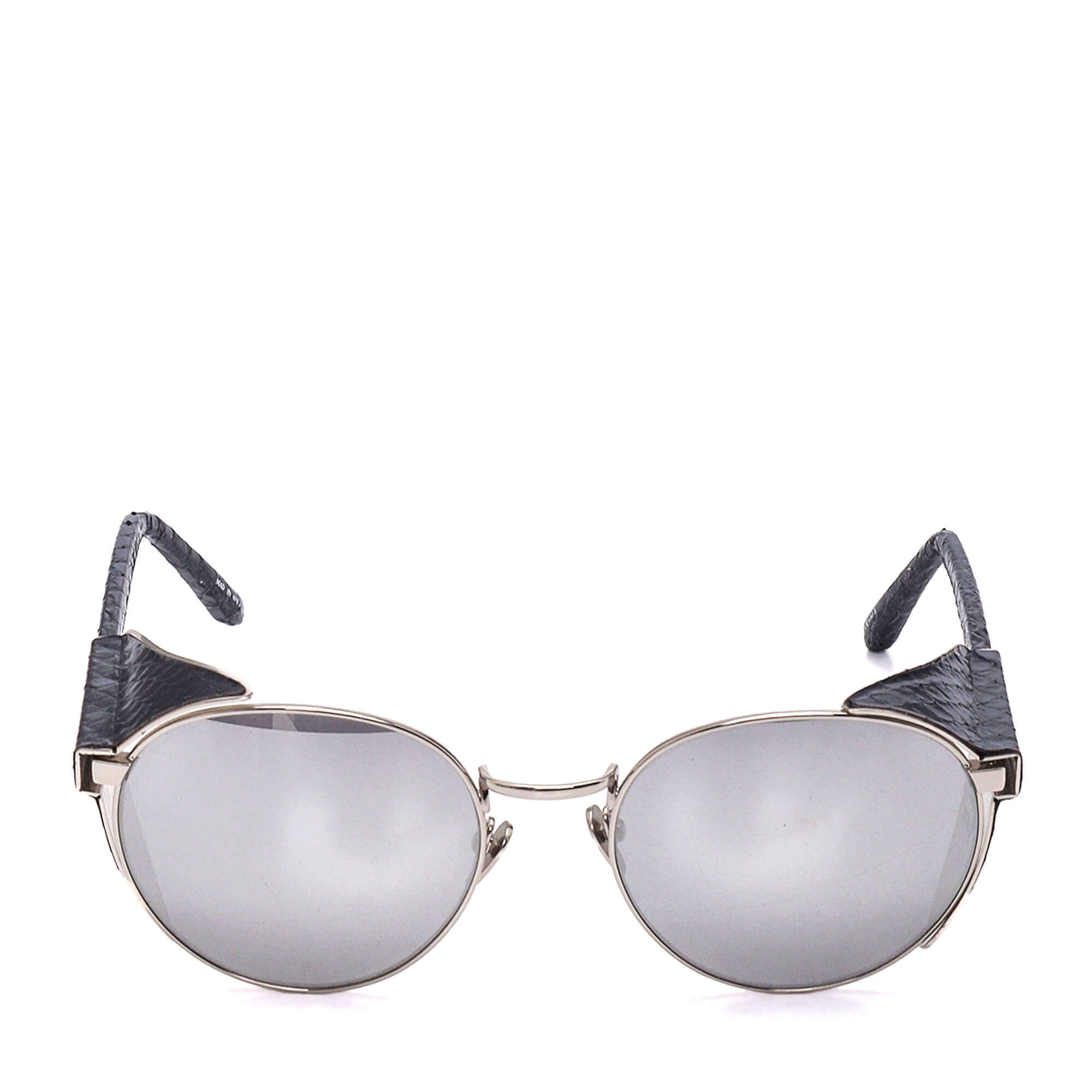 Linda Farrow - Silver Metal Frame Black Leather Covered Temple Side Panel Sunglasses